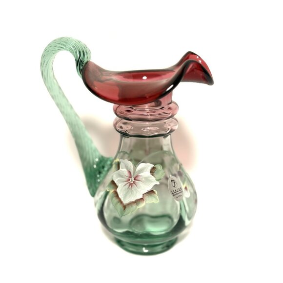 Fenton Rubina Verde Pitcher Vase Dragonfly Hand painted Signed By Hayhurst 6” - Picture 2 of 9